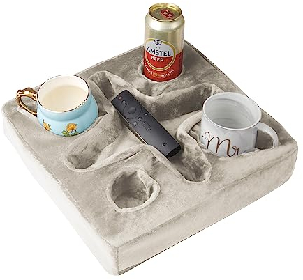 Couch and Bed Cup Holder Pillow, Sofa Refreshment Tray for Drinks/Remote Control/Snacks Holder (Beige)