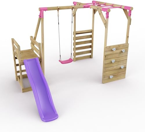 Rebo® Wooden Swing Set with Monkey Bars, Deck and 6ft Slide - Solar Pink | OutdoorToys | Kids' Outdoor Wooden Play Equipment for Gardens, Frame and Accessories Included, Weather Resistant