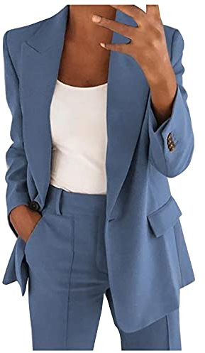 Donne Casual Solido Singolo Pulsante Risvolto Sciolto Vestito Manica Lunga Cardigan Cappotto Spolverino Cappotti Pioggia per Le Donne, Blu, M