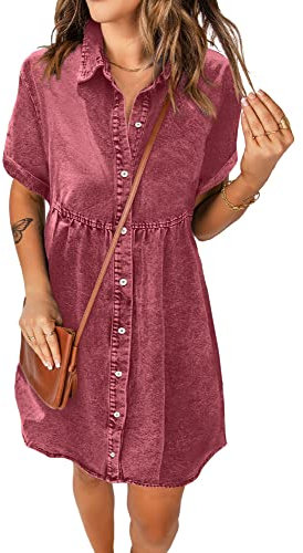 Roskiky Robe en jean décontractée à manches courtes et boutonnées pour femme, rose baroque, XS
