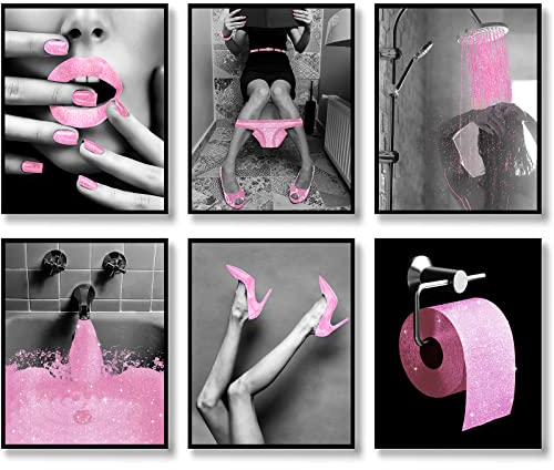 Fashion Wall Art Badezimmer Wanddekoration Drucke Glam Glitter Tissue Leinwand Poster Fotos Rosa Badezimmer Bilder Kunstwerk Schwarz und Weiß Moderne Frauen 8x10 Zoll (20.3x25.4cm) Ungerahmt