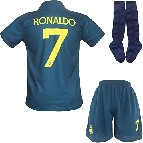 metekoc NASSR Riyadh Al 2024/2025 Auswärts #7 Football Fußball Kinder Trikot Shorts Socken Jugendgrößen (Auswärts,16)