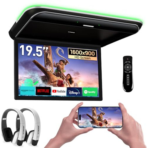XTRONS Android Car Overhead Player 19.5 Octa Core Car Roof Mount Monitor with 2 White IR Headphones,Wide IPS Screen 8K Video Built-in Stereo Speaker Flip Down Support 4G WiFi HDMI Input USB RCA Input