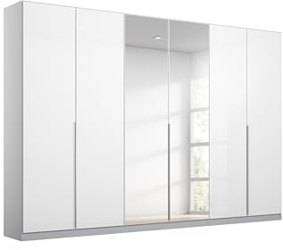 Rauch Möbel Alabama, Schrank, Farbe Hochglanz Weiß/Seidengrau, Breite 271cm | Kleiderschrank, 6-türig, mit Spiegel, Zubehör Premium, für Schlafzimmer, Kinderzimmer, Ankleidezimmer, Garderobe, Flur