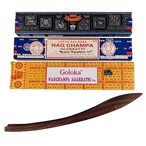 Nag Champa Räucherstäbchen Set – Goloka, Super Hit & Satya Sai Baba (je 15g) inkl. edlem Holzhalter – 100% natürliche Zutaten, handgerollt – Meditation, Yoga & Entspannung – Lange Brenndauer