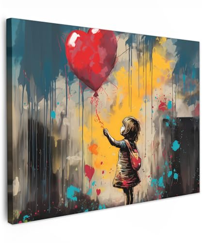 MuchoWow© Bild auf Leinwand 80x60 cm Schlafzimmer Bilder Wand Deko Wohnzimmer Modern Wanddeko Bilderwand Geschenk Banksy - Street Pop Art - Mädchen - Luftballon - Herz - Graffiti