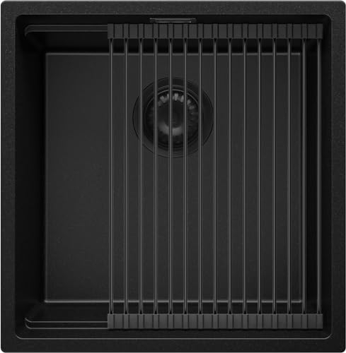 PRIMAGRAN Fregadero Cocina Todo Negro 46x47cm, Granito 1 Seno + Sifón + Enrollable Escurridor, Sobre encimera al mueble 50cm - Prague Slim