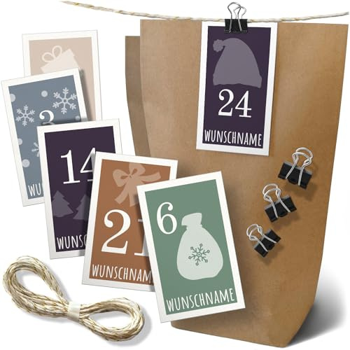 Großes Adventskalender Set PERSONALISIERT mit Wunschname | mit je 24 Tüten, Zahlen-Karten, Klammern und 5m Kordelband Kinder Erwachsende Weihnachtskalender Weihnachten