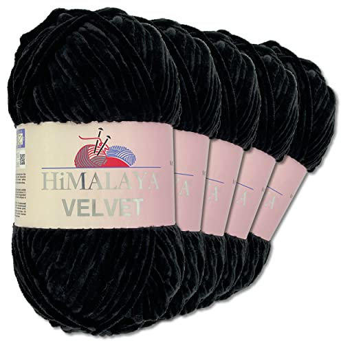 Frida's Wollhaus Himalaya 5 x 100 g Velvet Chenille-Wolle Handarbeit Amigurumi 42 Farben (90011 | Schwarz)