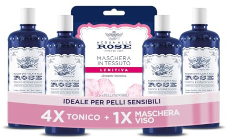 Acqua alle Rose, Tonico Viso con Acqua Distillata Alle Rose, Formula Rinfrescante con Proprietà Idratanti, Tonificanti e Lenitive, Rende la Pelle Giovane ed Elastica, 4 Flaconi da 300 ml