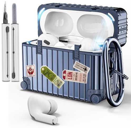 VISOOM Kompatibel mit Airpods Pro 2 Hülle 2022/2019 mit Reinigungsset Cute Suitcase Stoßfeste Schutzhülle Weiches TPU Case Cover mit Karabiner[Front-LED Sichtbar [Kabelloses Laden],Blue