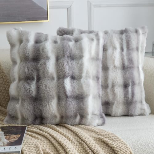 Madizz 2er Set Sanft Plüsch Kurze Wolle Samt Dekorativ Zierkissenbezüge Luxus Stil Kissenbezug für Sofa für Schlafzimmer Weiß Grau 55x55 cm
