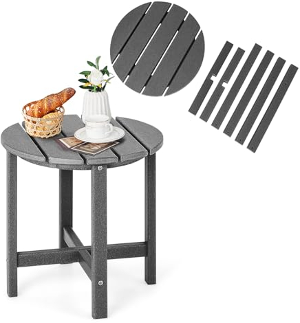 KOMFOTTEU Gartentisch klein aus HDPE, Beistelltisch bis 150 kg, Seitentisch Balkontisch wetterfest für Garten, Terrasse, Patio (Rund, Grau), WY09839KTFR