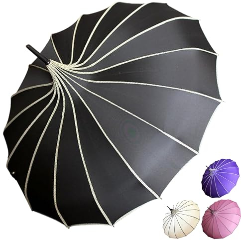 Kicura Parapluie de mariage - Imperméable - 90 cm de diamètre - Soie - Armature en aluminium et 16 baleines renforcées en fibre de verre - Parasol élégant (UPF 50+) - 4 couleurs, Noir , S