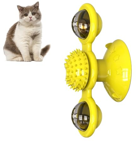 Qcwwy Interaktives Windmühlen-Katzenspielzeug, Rotierender Multifunktionaler Kratzbaum, Pflegewerkzeug Zum Spielen, Fördern und Entspannen (Yellow)