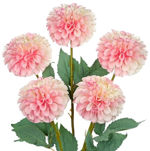 Hollyone 5 Stück Künstliche Dahlien Rosa Kunstblumen Zweige Frühling, Dahlie Blumenarrangement Biegbar Gefälschte Blume Seidenblume für Vase Tischdeko Hochzeit Heimdekoration