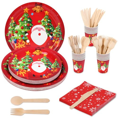 Anstore 200 Stück Pappteller Besteck Set, Wiederverwendbar Papier Geschirr Set,Weihnachtsausgabe-Partygeschirr mit Gabeln, Messer,Löffel, Teller und Becher,für Geburtstag,Hochzeiten,Jubiläums,Weihnac