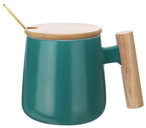 sourcing map Ceramic Coffee Mug 12.85 Oz Simple Wooden Handle Large Tea Cup Handmade Ceramic Mugs Gift Set with Lid and Spoon for Office Kitchen Home and Gifts for Women and Men, Green