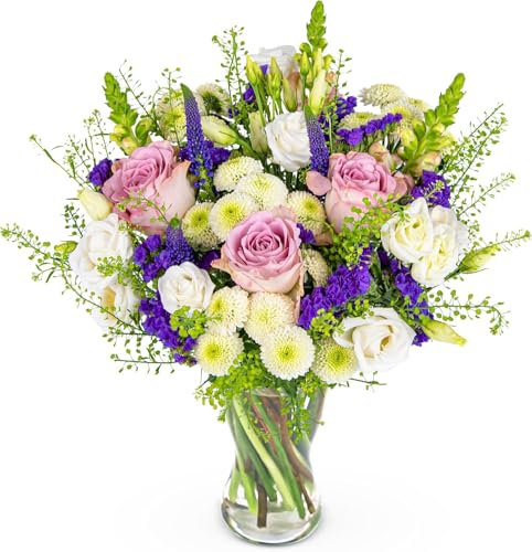 Wild and Wonderful Bouquet - Rustic Lisianthus, Purple & White Roses - Sympathy Gift - Fresh Cut Flowers