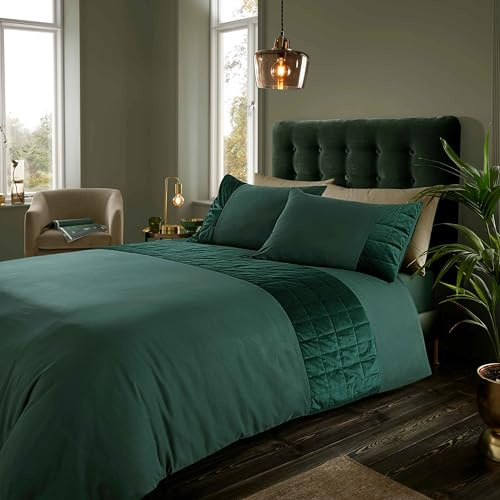 GC GAVENO CAVAILIA Velvet Duvet Cover - Velvet Panel Band King Size Quilt Cover Sets With Pillow Cases - Fancy Washable Bed Cover Set - Easycare Thermal Bedding - Dark Green