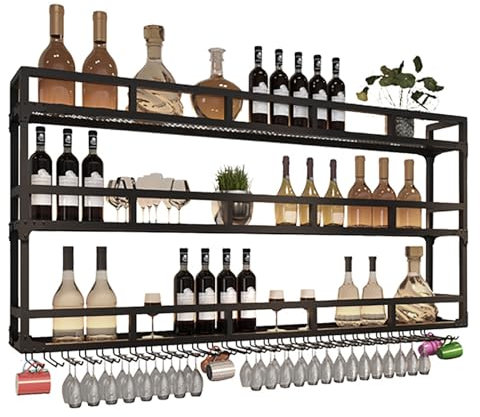 TATITZRO An der Wand montiertes Weinregal, hängendes Weinregal mit LED-Beleuchtung, großer Weinglashalter, Spirituosenregal aus Metall, 3-lagiges Weinaufbewahrungsregal, Weinflaschenregale