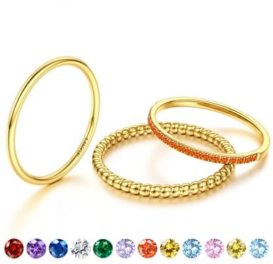 JeryWe Geburtssteinring - Dünne Stapelbare Goldringe für Damen, 14K Vergoldet, Nicht-Tarnierend mit CZ, Goldene Eheringe, Verlobungsringe und Wasserfeste SetsJuli. Rubin 57