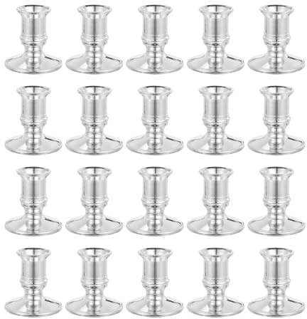 Homoyoyo 20pcs Plastic Candle Stick Holders Silver Base Bulk Pack Stylish Pillar Holders for Dinner Table Decor
