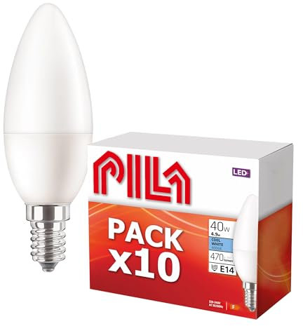 PILA Pack de 10 Bombillas LED tipo Vela, Casquillo Fino (E14), 4.9W (= incandescente 40W), 470 Lúmenes, No Regulable, Luz Blanca Neutra (4000K), CRI80, 15.000 h de Vida Útil