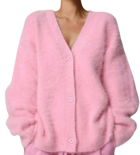 Lockenstab Luxuriöser Kaschmir-Cardigan Für Damen, Flauschiger Strickjacke, Plüsch, V-Ausschnitt, Offene Vorderseite, Knopf, Pullover-Jacken