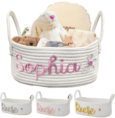 Personalisierte Korb Aufbewahrung Geflochten Mit Namen, Aufbewahrungskorb für Babyspielzeug und Kleidung Baby Windel Caddy Organizer Geschenkkorb, Deco Korb für Kinderzimmer (30*15*9cm)