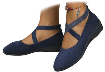 Cómodas zapatillas de mujer elásticas con tiras cruzadas, tacón de cuña, bailarina, tobillo, elásticos, correas cruzadas, punta redonda, zapatos cómodos, azul, 41 EU