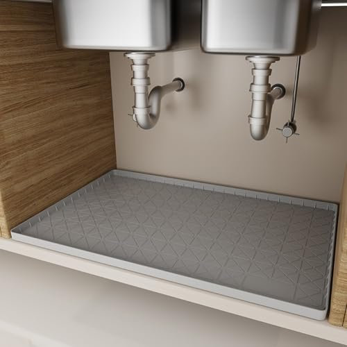 Alfombrilla gruesa para debajo del fregadero, bandeja de silicona impermeable, protector reforzado para armarios de baño y cocina, gris (86 x 56 x 2,5 cm)