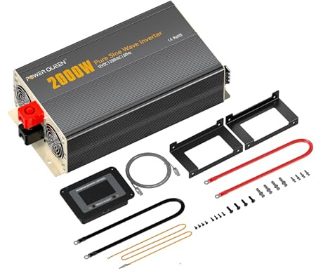 Power Queen 2000W Wechselrichter Reiner Sinus 12V Auf 230V Spannungswandler mit LCD-Anzeige+Fernbedienung, 2 AC Steckdosen, USB+Tycp-C Anschluss, Solar Power Inverter für Wohnmobile, Camping, Boot