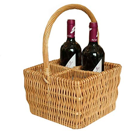 Panier à condiments carré lavé à la main en osier - Panier de pique-nique Panier à fruits à vin Porte-cadeau en osier pour champagne Porte-bouteille de camping portable Rangement à 4 compartiments