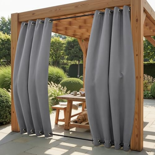 PONY DANCE Rideaux d'Extérieur Occultant Lumineux Bloquer Imperméable pour Décoration de Pergola à Oeillets en Haut & Bas, Processus Anti-décoloration Gris, L 132 x H 213 cm, 2 Panneaux