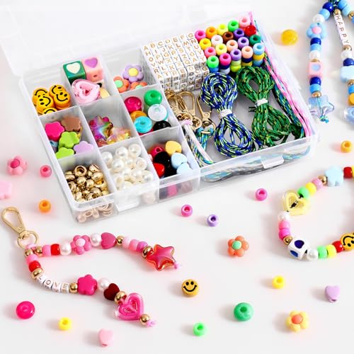 UXORSN DIY Perlen Schlüsselanhänger Bastelset Kreative Schlüsselanhänger | Schmuckdekor Schlüsselring, Herstellungsset mit Farbenfrohe, Perlen und Zubehör Buchstabenstränge, Anhänger Charms Geschenk