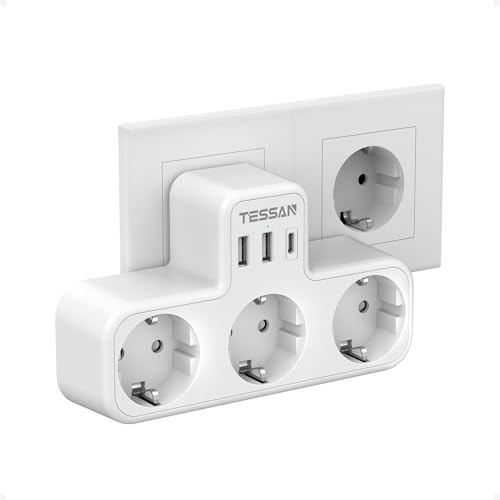 TESSAN 6 en 1 Enchufe múltiple en Forma de T, Ladron Enchufes con 3 USB | 15W Cargador USB C, 3600W Regleta Pared Compatibles para Sala de Estar, Dormitorio y Oficina, Blanco