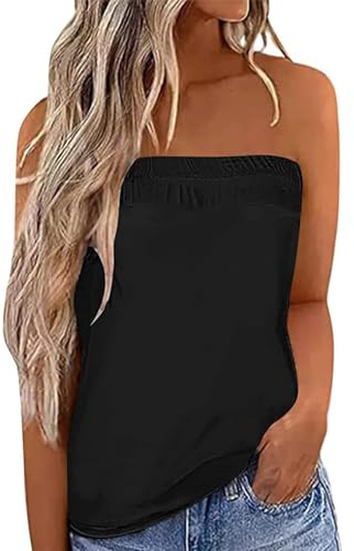 IWOLLENCE Strapless Tops for Women UK Bandeau Vest Ladies Boobtube Summer Tops Asymmetrical Front to Back Design Lightweight and Breathable (Black, L)
