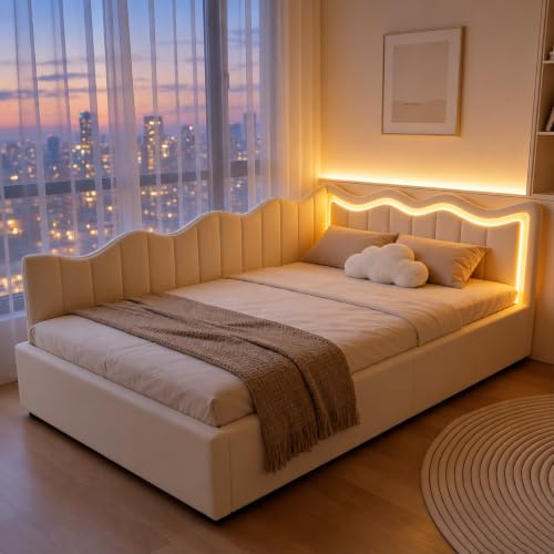 BRILVERDE Divano letto singolo 90x200 con luce LED, Poltrona letto singola con contenitore idraulico, letto con testiera, struttura letto con rete a doghe, in velluto (Beige, 90 x 200 cm)
