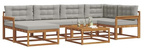 vidaXL Outdoor-Sofagarnitur mit Kissen 7 pcs Natürlich und Hellgrau, Outdoor-Sofa, modulares Sitzsystem, langlebige Patio-Möbel, Flexible Anordnung für Garten- und Poolbereich