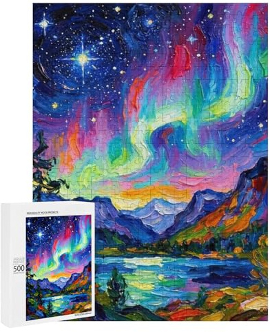 500 Teile Ölgemälde-Stil Berg und Mond Landschaftspuzzle – Naturthema Holzpuzzle als Wanddekoration & Kunstbild, Erwachsene (Aussicht 06, Puzzle 500 Teile)