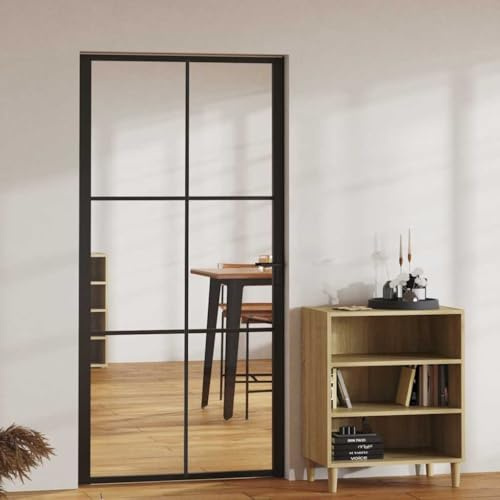 Innentür ESG Glas und Aluminium 102,5x201,5 cm Schwarz, mit stabilem Aluminiumrahmen, transparentem Hartglas, vertikaler Dekorlinie, für Zimmertüren mit Zarge komplett, moderner Stil