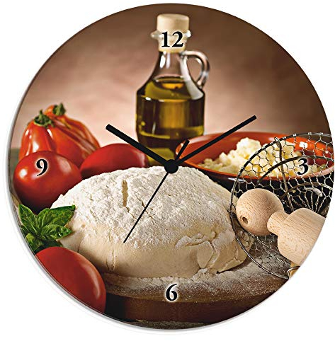 ARTLAND Wanddeko Wanduhr ohne Tickgeräusche Glas Quarzuhr Ø 30 cm Rund Lautlos italienisches Essen mediterran Pizza Food T5UZ