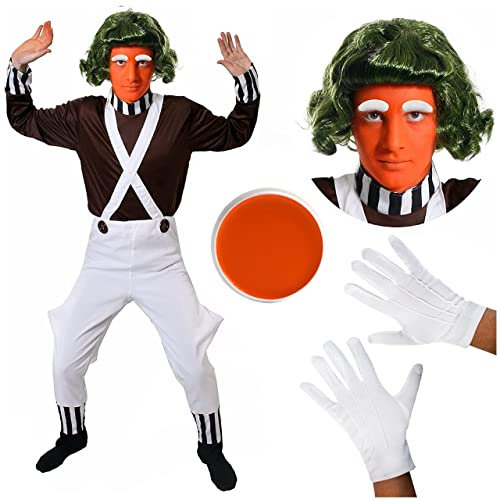 Adults Chocolate Factory Worker Fancy Dress Costume - XX-Large - Book Week Character Brown Top - White Dungarees - Wig - Gloves - Eyebrows - Facepaint Unisex