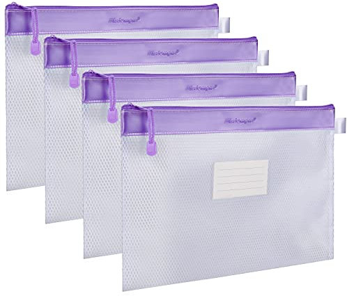 Wisdompro A4 Borse di File con Cerniera 4 pezzi, Mesh Sacchetto del Documento Impermeabile, Cartelletta Porta Documenti in Plastica per Documenti, Ricevute, Cancelleria, Cosmetici (Viola)
