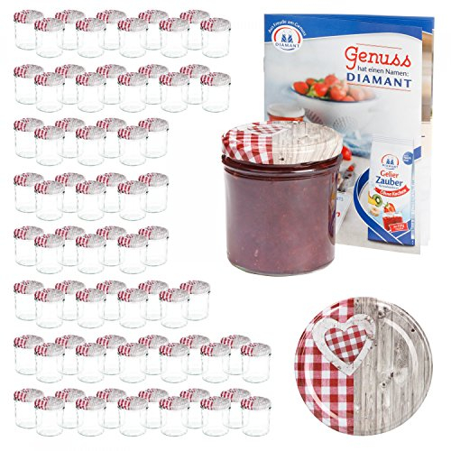 MamboCat Lot de 75 bocaux en verre de 350 ml - Avec couvercles à visser - Cœur en bois rouge à carreaux + livret de recettes gratuit - Pour la conservation et la conservation - Passe au four