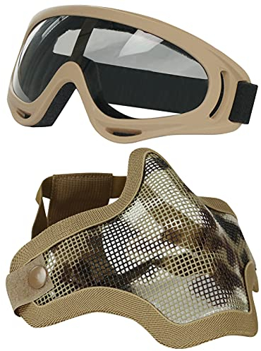 Juego de máscaras y Gafas Airsoft, máscara de Malla de Acero Completa de Media Cara y Gafas para CS/Caza/Paintball/Disparos (IT)