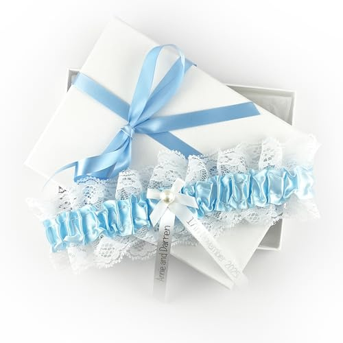 My Pretty Little Gifts Personalised Garter - Blue with Silver Text - Something Blue - Perfect Bridal Bride to Be Wedding Hen Party - Gift Boxed