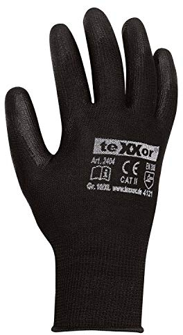 texxor 12 Stück Polyester-Strickhandschuhe 2404, PU beschichtet, Packung, schwarz, 10/XL, Strickhandschuhe, Arbeitshandschuhe, Schutzhandschuhe