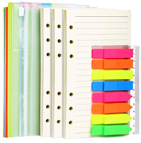 LEOBRO Papier A6, inserts de planificateur pour classeur A6, papier ligné de 17,1 x 9,5 cm avec poches et intercalaires, pour bloc-notes rechargeables, recharges de journal, planificateur